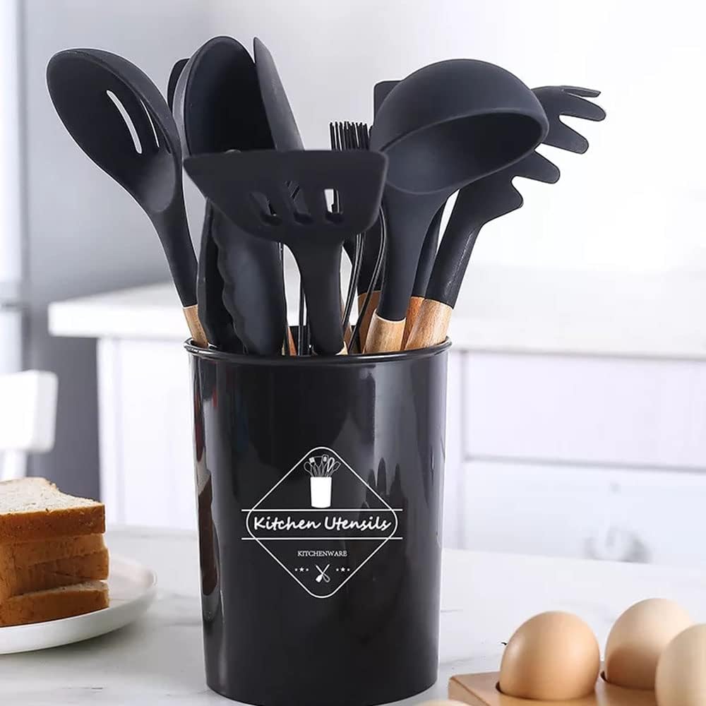 12-Piece Silicone Kitchen Utensil Set – Heat Resistant, Wooden Handle (Random Color)
