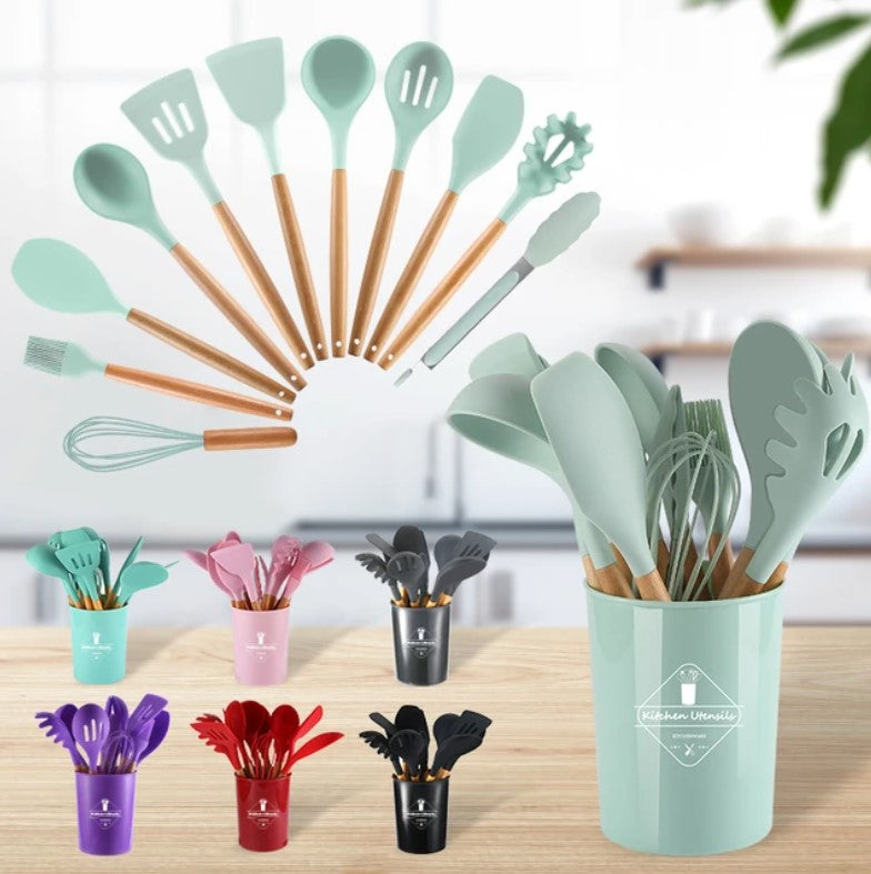 12-Piece Silicone Kitchen Utensil Set – Heat Resistant, Wooden Handle (Random Color)