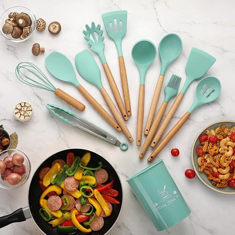 12-Piece Silicone Kitchen Utensil Set – Heat Resistant, Wooden Handle (Random Color)