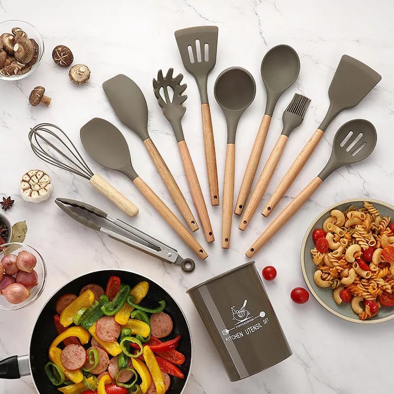 12-Piece Silicone Kitchen Utensil Set – Heat Resistant, Wooden Handle (Random Color)
