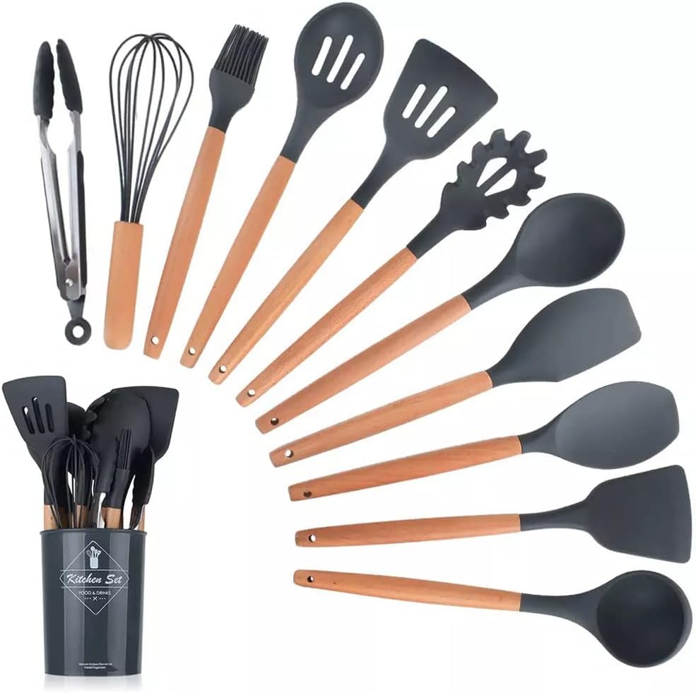 12-Piece Silicone Kitchen Utensil Set – Heat Resistant, Wooden Handle (Random Color)