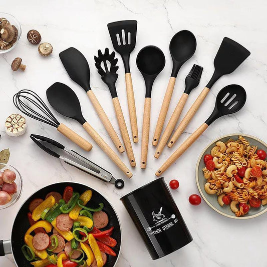 12-Piece Silicone Kitchen Utensil Set – Heat Resistant, Wooden Handle (Random Color)