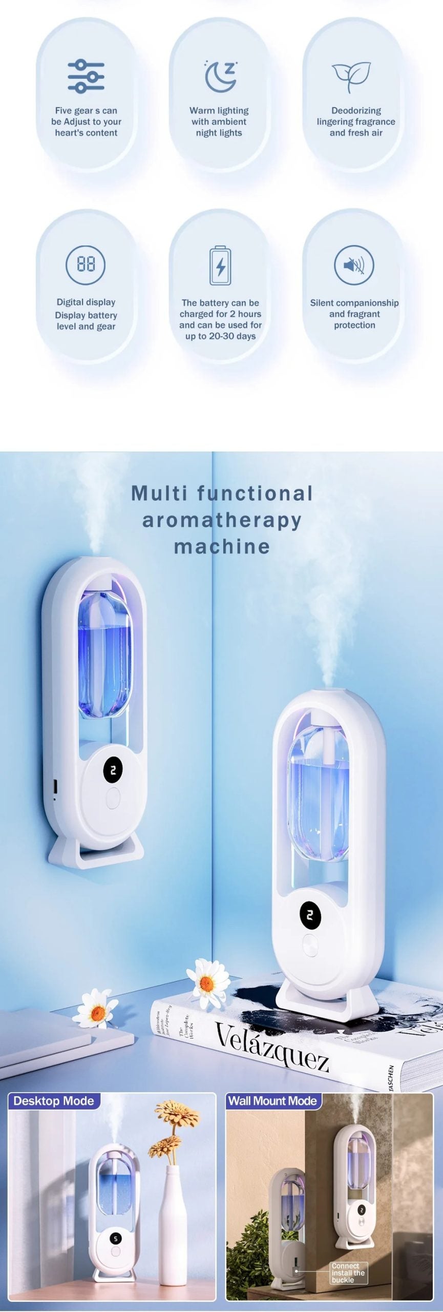 Portable 5-Mode Aroma Diffuser – Rechargeable & Timed Air Freshener (50ml)